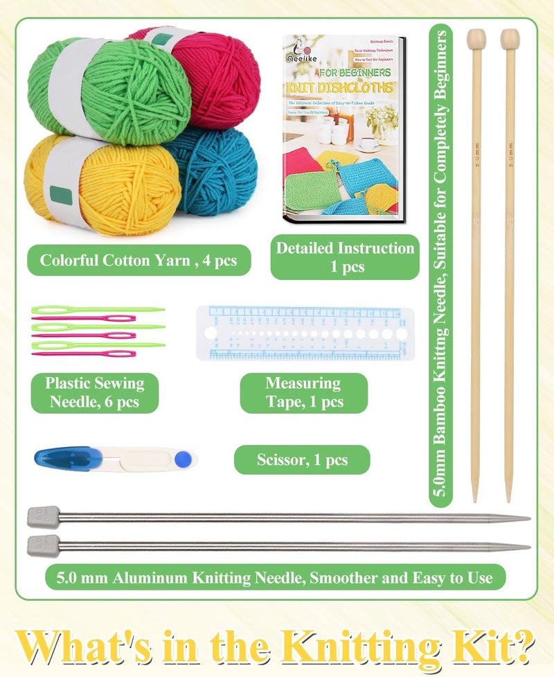 Aeelike Knitting Kit for Beginners, Complete Beginner Knitting Kit Easy Knitting Set Including Knitting Needles Set Cotton Yarn, Learn to Knit Dishcloth with Step-by-Step Instructions, Colorful - Image 4